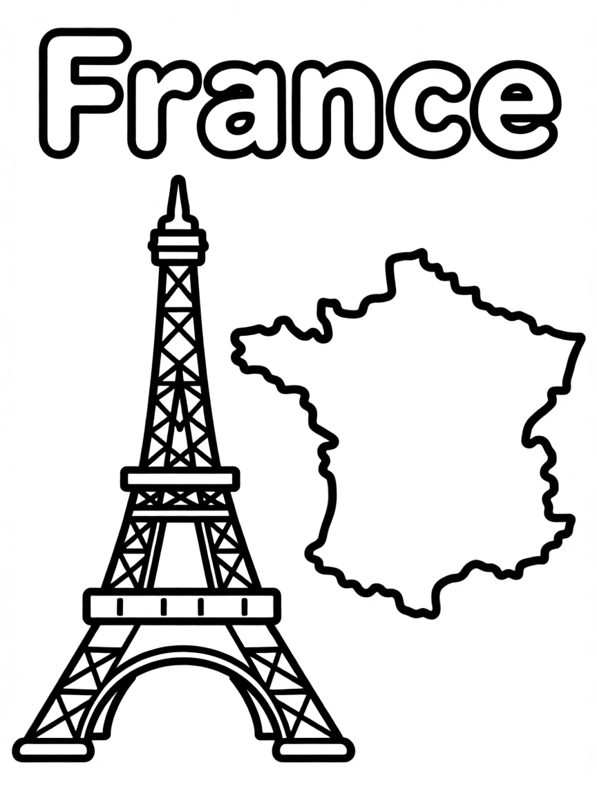 A cute Eiffel Tower, a simple outline map of France, and the word "France"
