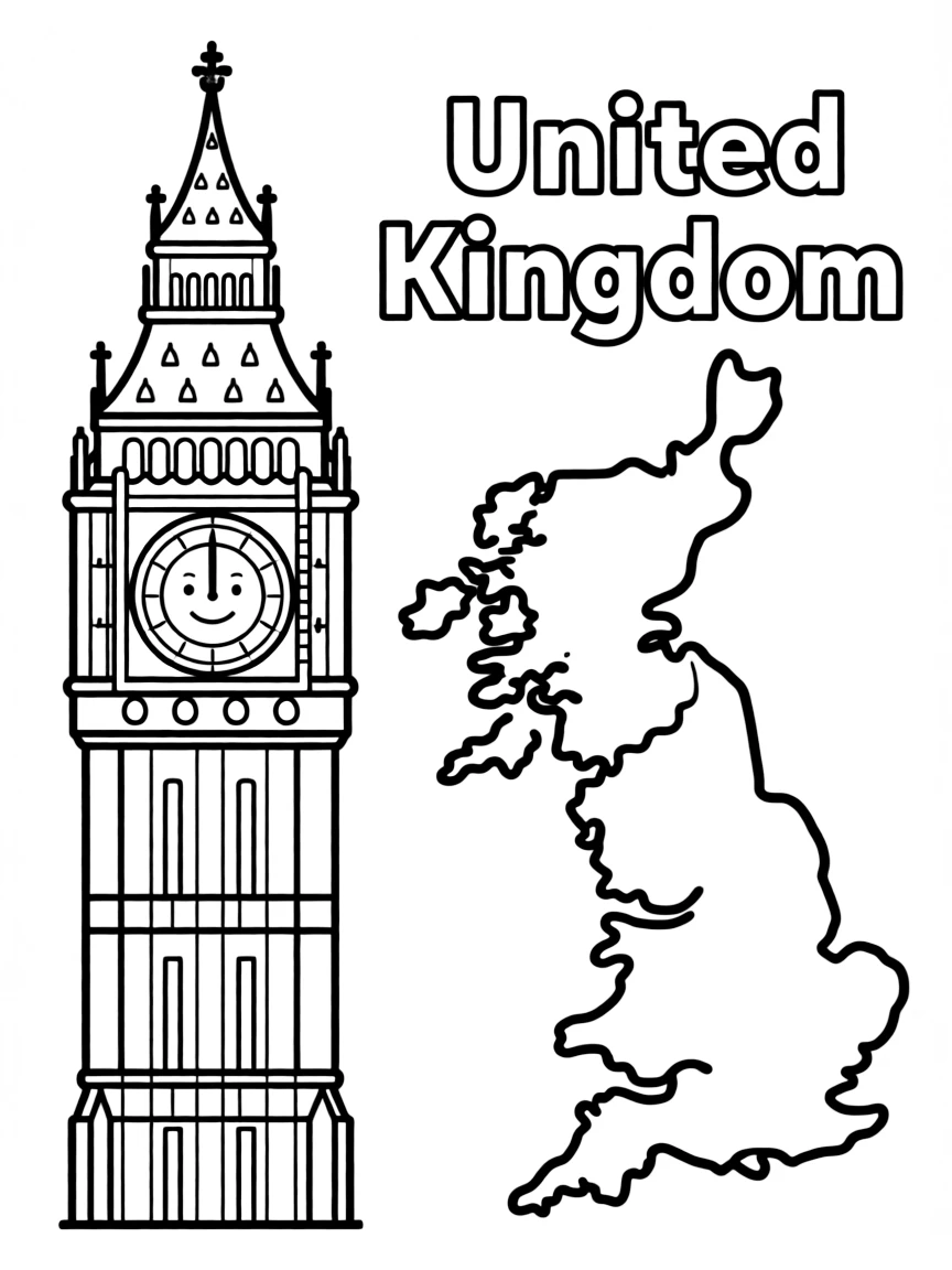 A friendly Big Ben, a simple outline map of United Kingdom, and the word "United Kingdom"