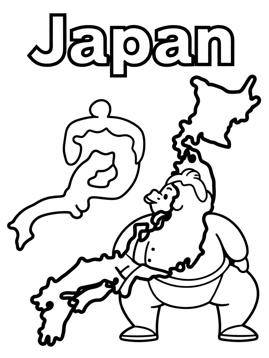 A little sumo wrestler, a simple outline map of Japan, and the word "Japan"