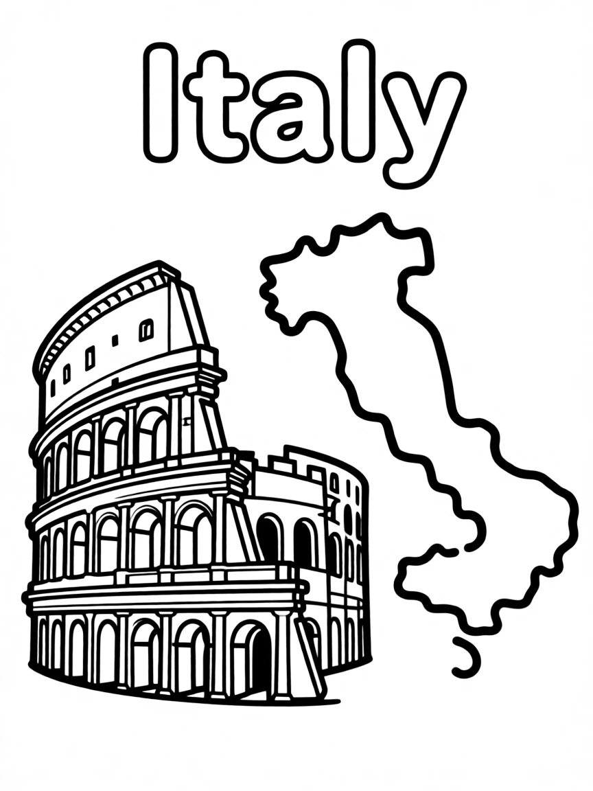 A small Colosseum, a simple outline map of Italy, and the word "Italy"