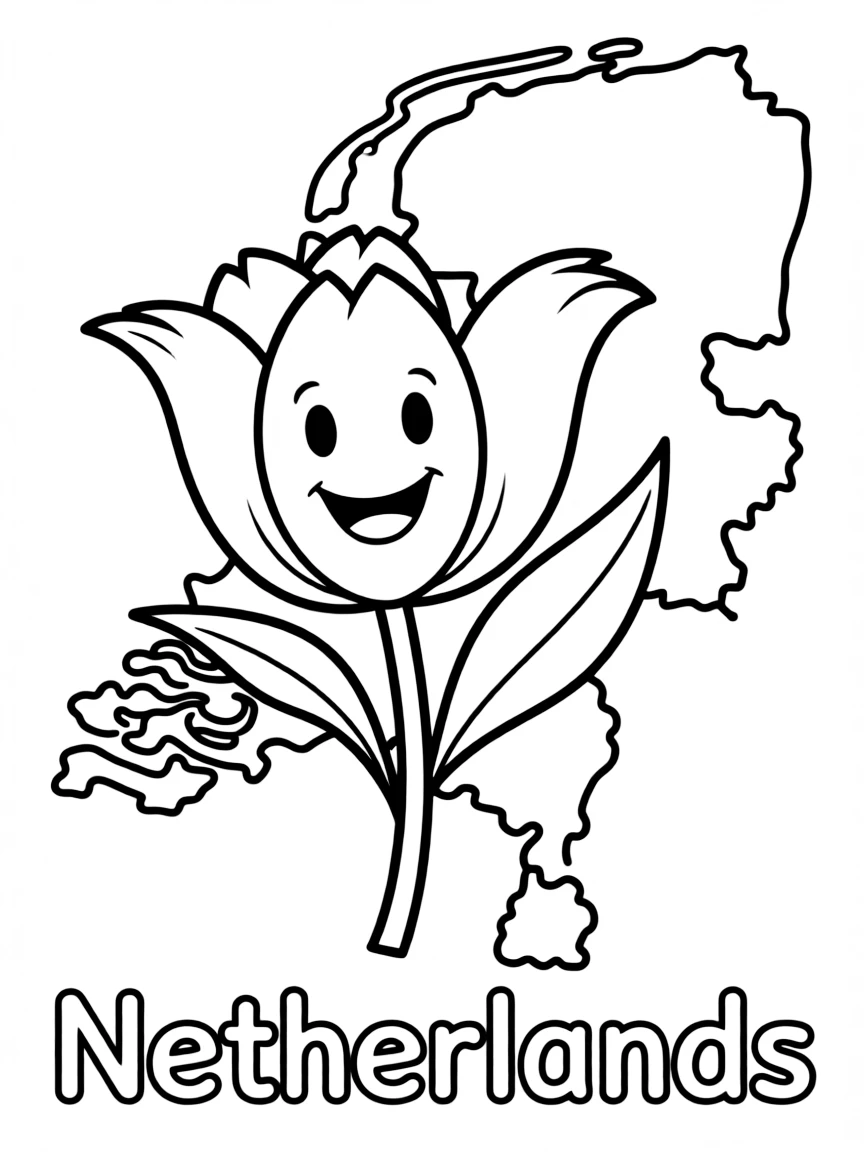 A happy tulip, a simple outline map of Netherlands, and the word "Netherlands"