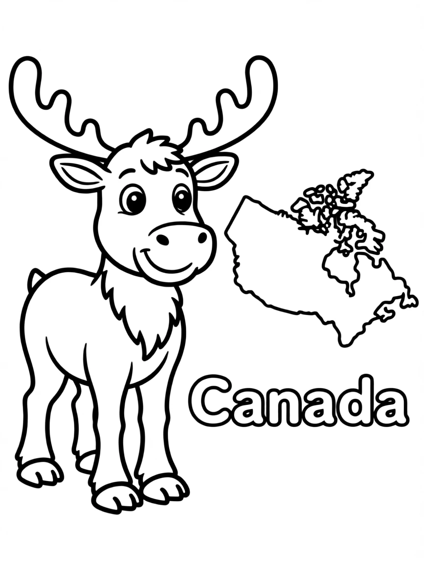 A friendly moose, a simple outline map of Canada, and the word "Canada"