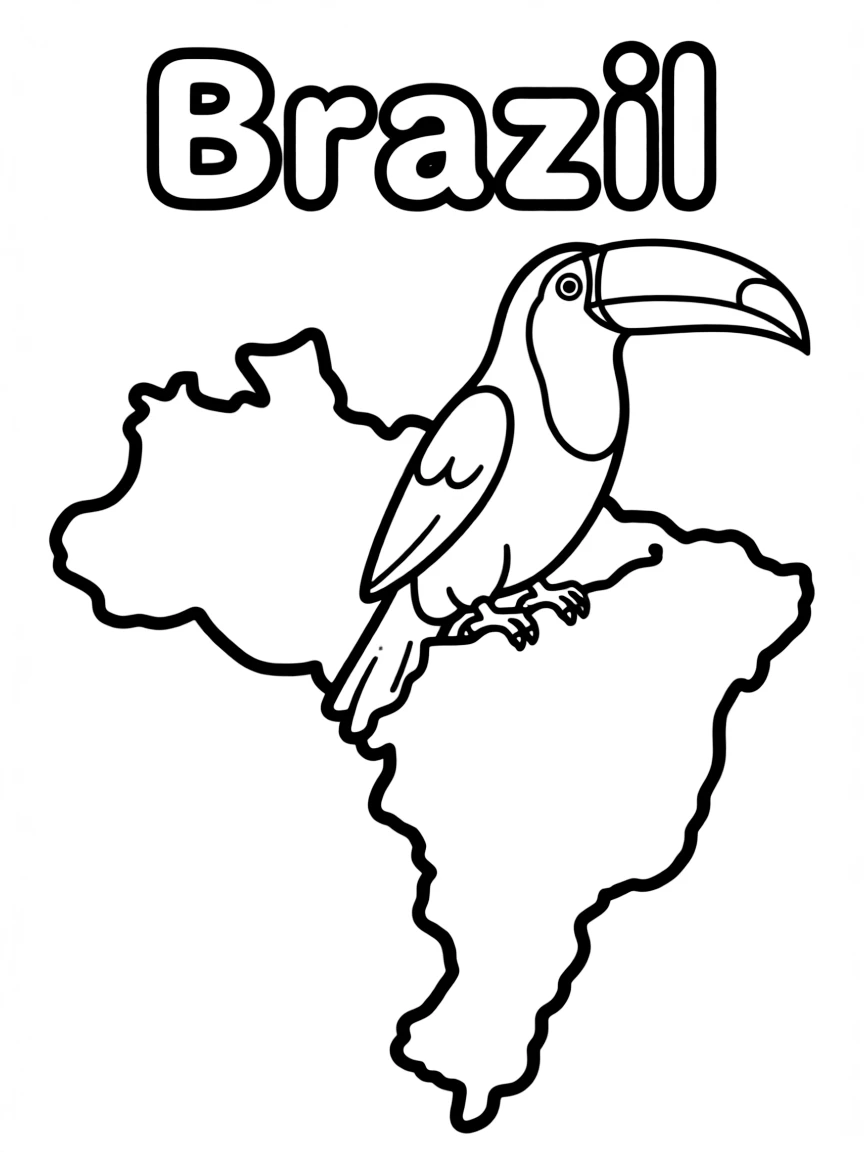 A happy toucan, a simple outline map of Brazil, and the word "Brazil"
