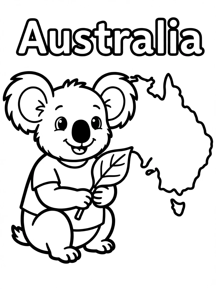 A cheerful koala, a simple outline map of Australia, and the word "Australia"