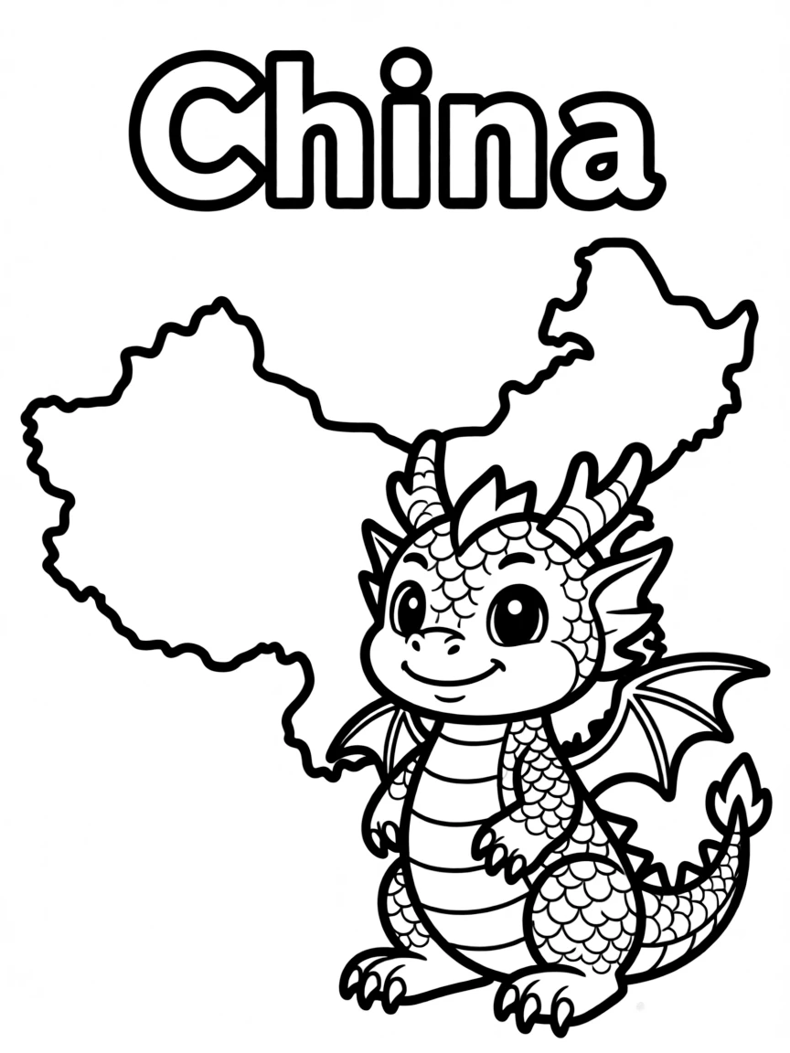 A small dragon, a simple outline map of China, and the word "China"