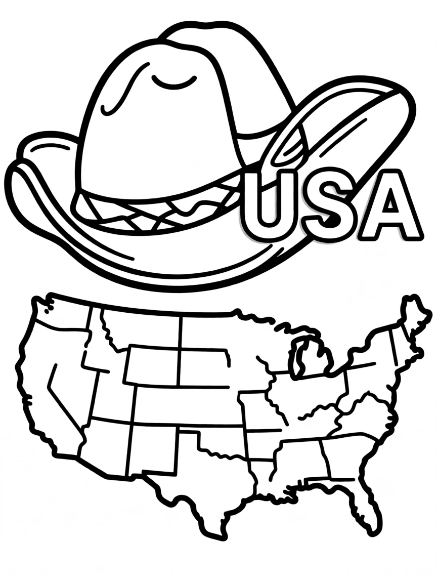 A cute cowboy hat, a simple outline map of USA, and the word "USA"