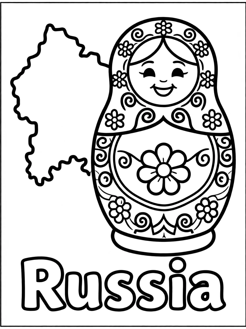 A happy matryoshka doll, a simple outline map of Russia, and the word "Russia"