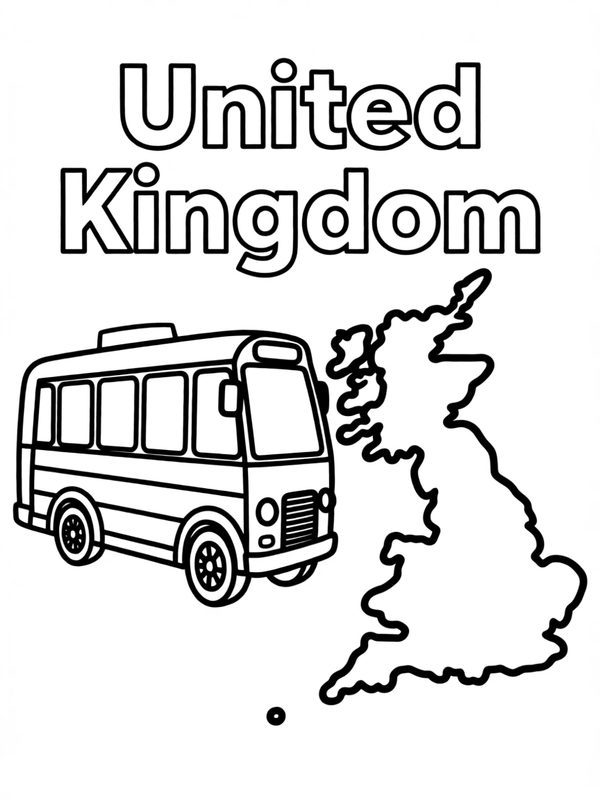 A friendly red bus, a simple outline map of United Kingdom, and the word "United Kingdom"