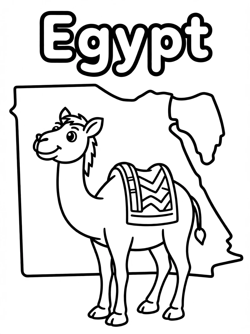 A happy camel, a simple outline map of Egypt, and the word "Egypt"