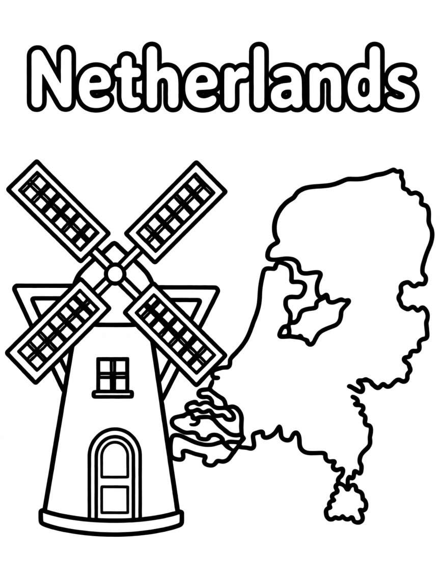 A small windmill, a simple outline map of Netherlands, and the word "Netherlands"