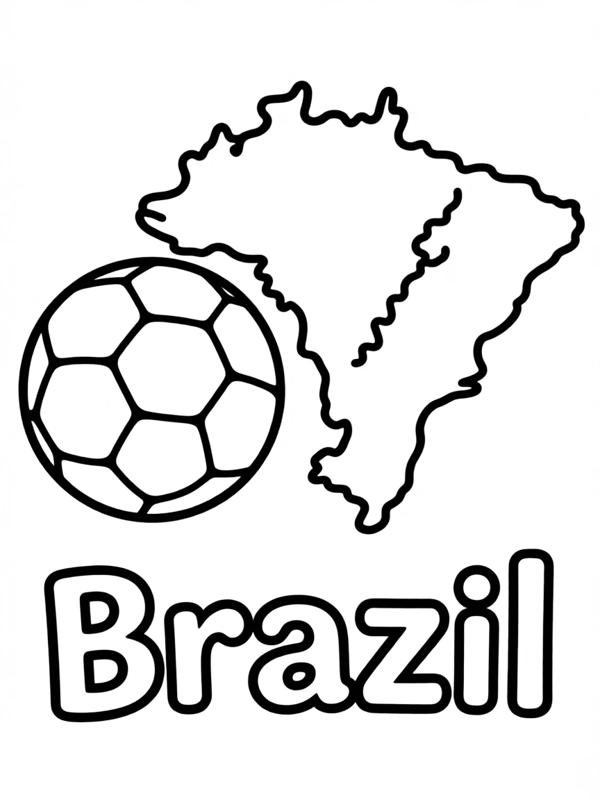 A cute soccer ball, a simple outline map of Brazil, and the word "Brazil"