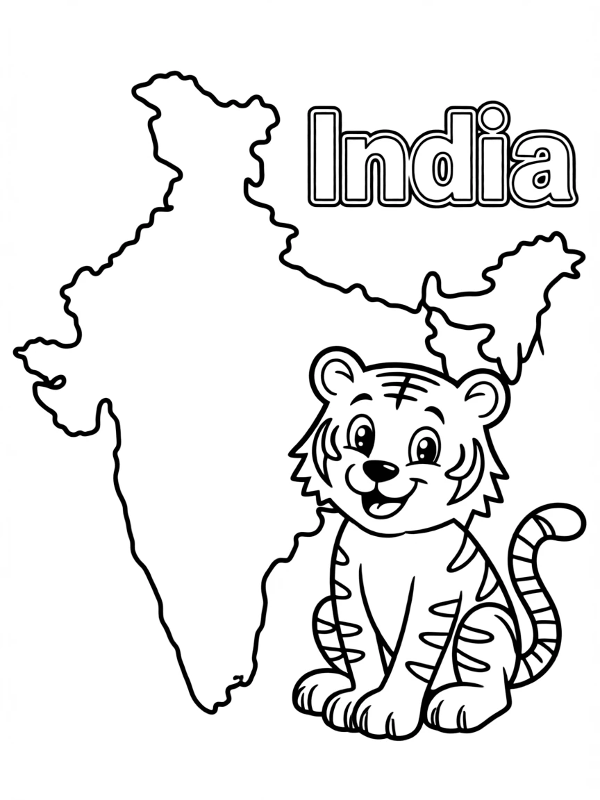 A friendly tiger, a simple outline map of India, and the word "India"