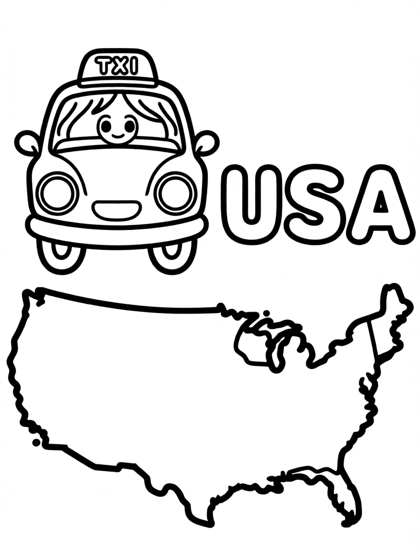A cute yellow cab, a simple outline map of USA, and the word "USA"