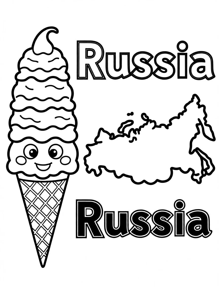 A happy ice cream cone, a simple outline map of Russia, and the word "Russia"