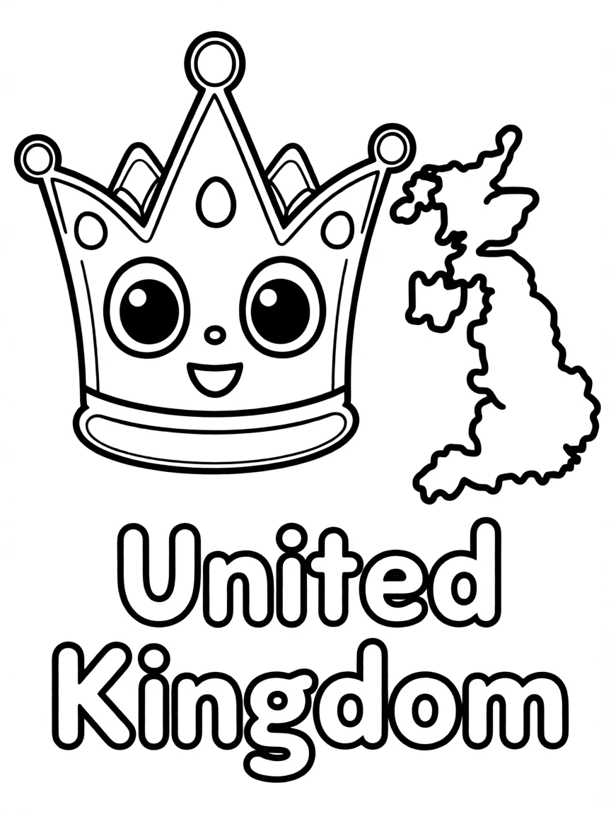 A friendly crown, a simple outline map of United Kingdom, and the word "United Kingdom"
