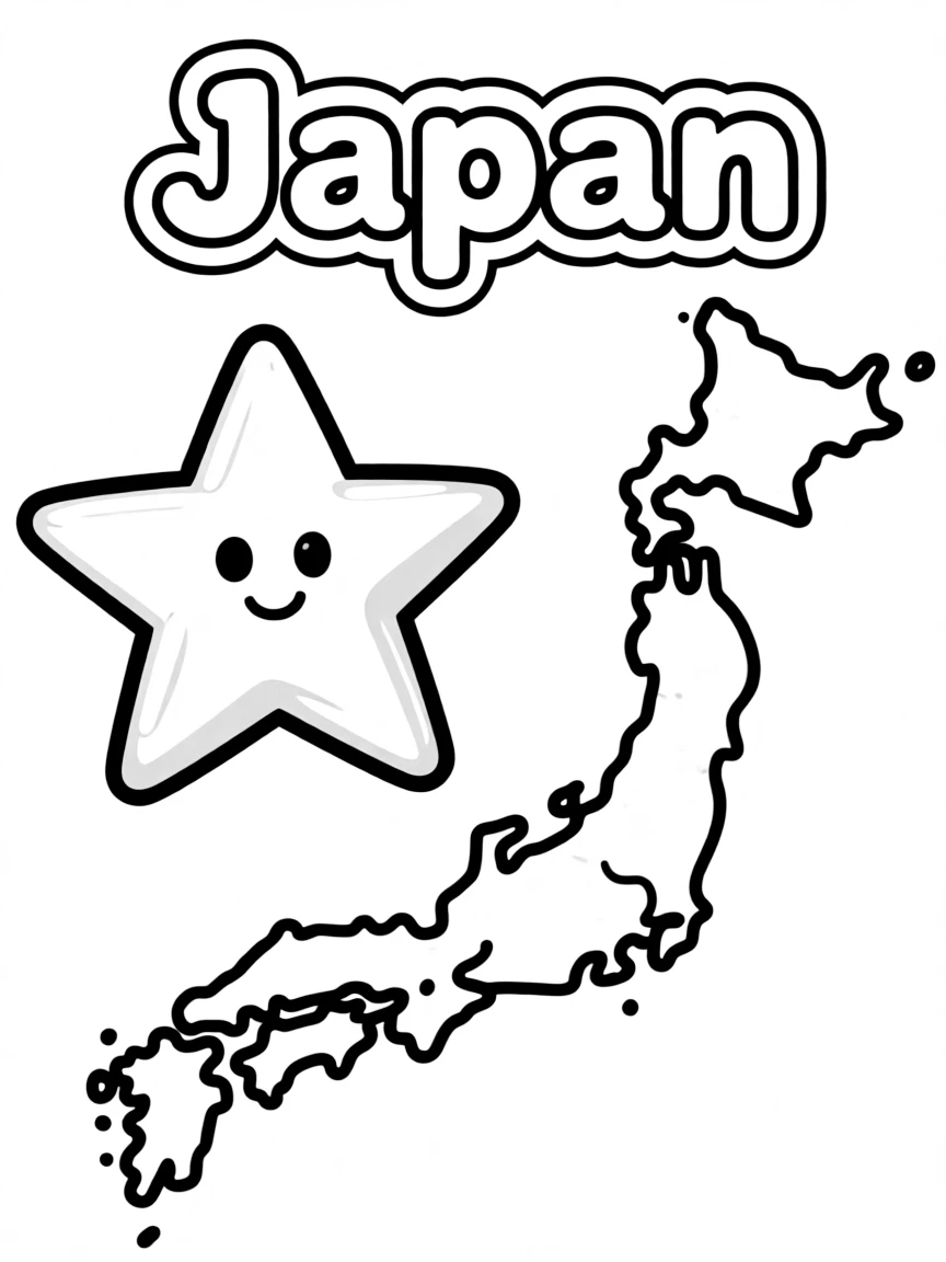 A cute ninja star, a simple outline map of Japan, and the word "Japan"