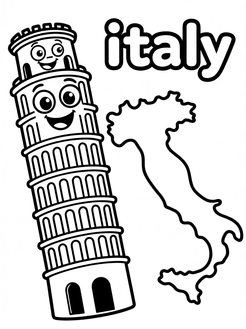 A happy leaning tower, a simple outline map of Italy, and the word "Italy"