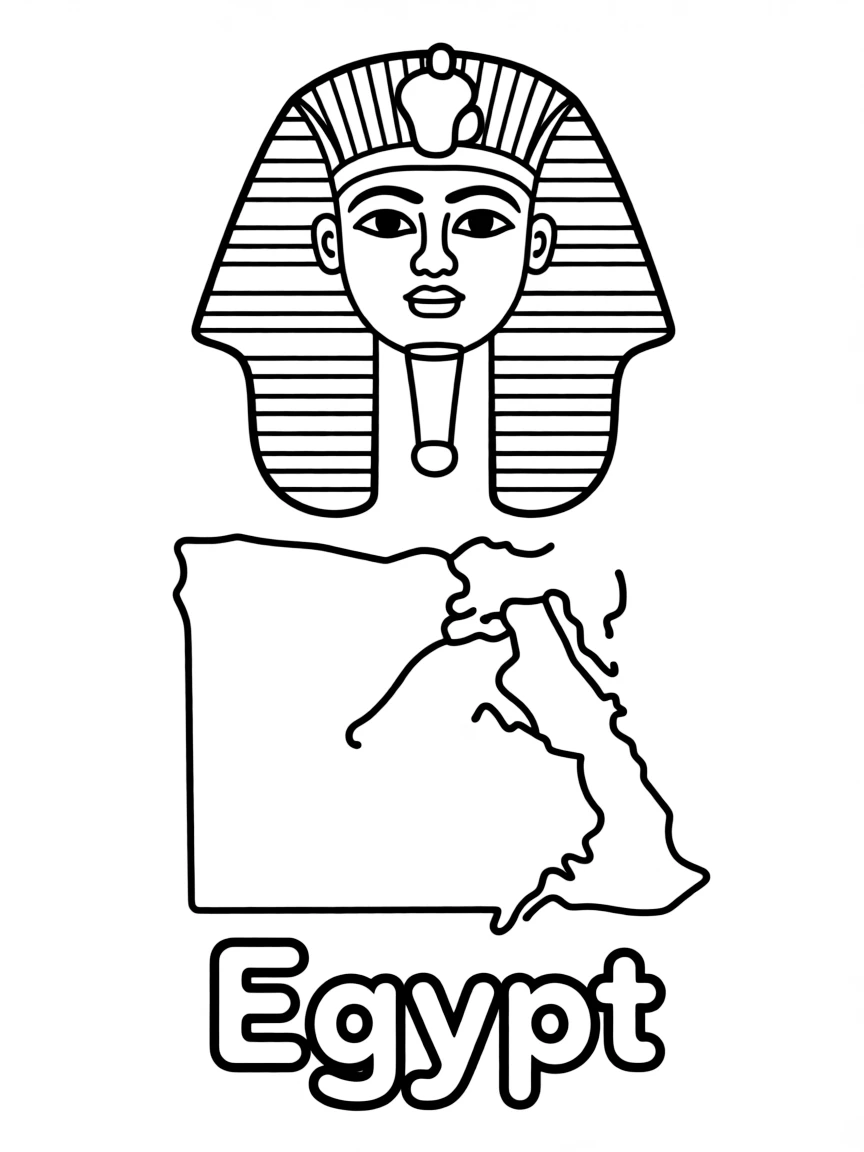 A small pharaoh mask, a simple outline map of Egypt, and the word "Egypt"