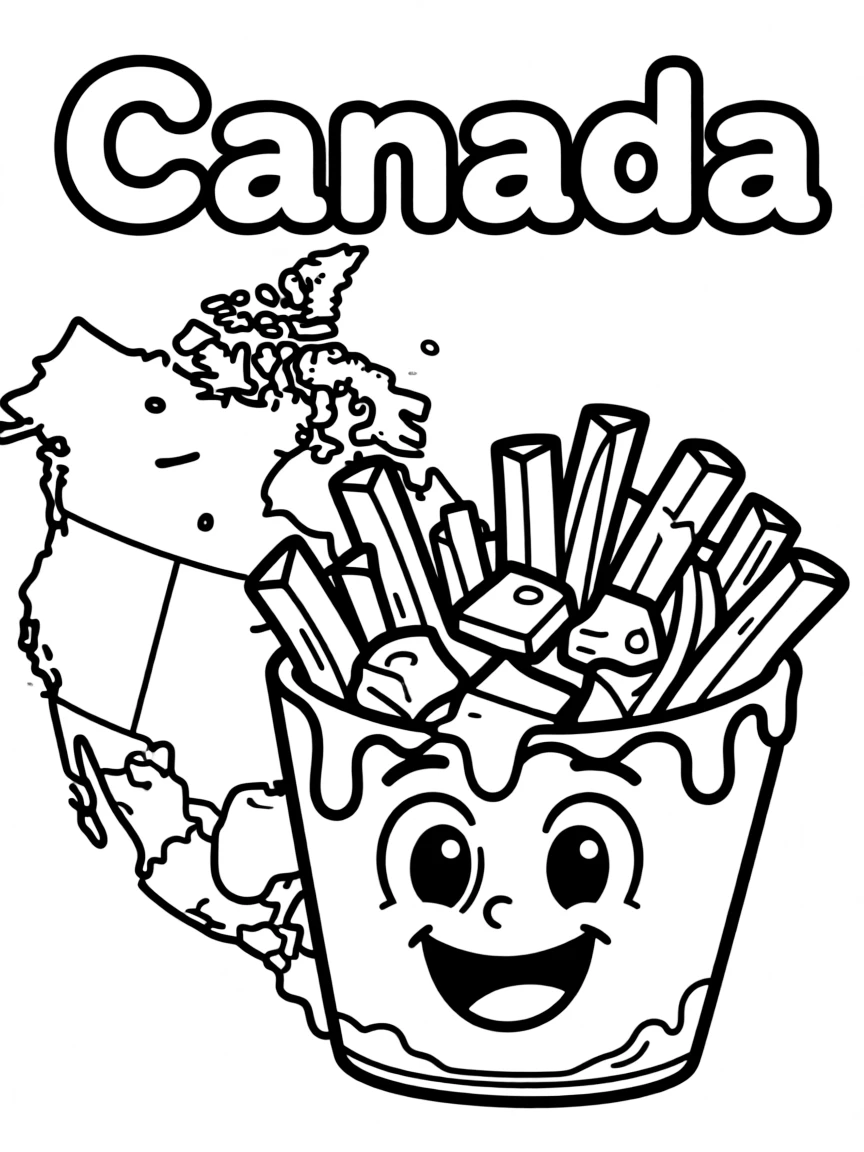A cute poutine, a simple outline map of Canada, and the word "Canada"