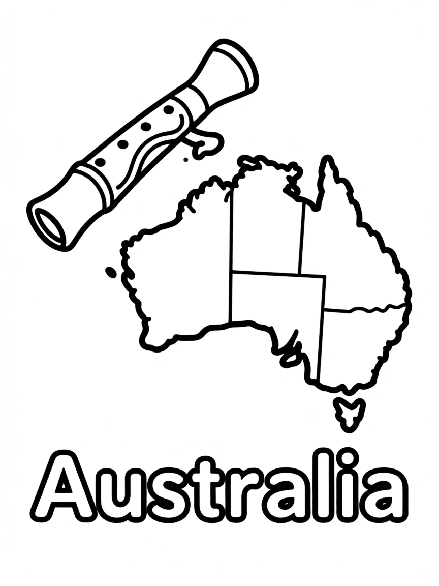 A small didgeridoo, a simple outline map of Australia, and the word "Australia"