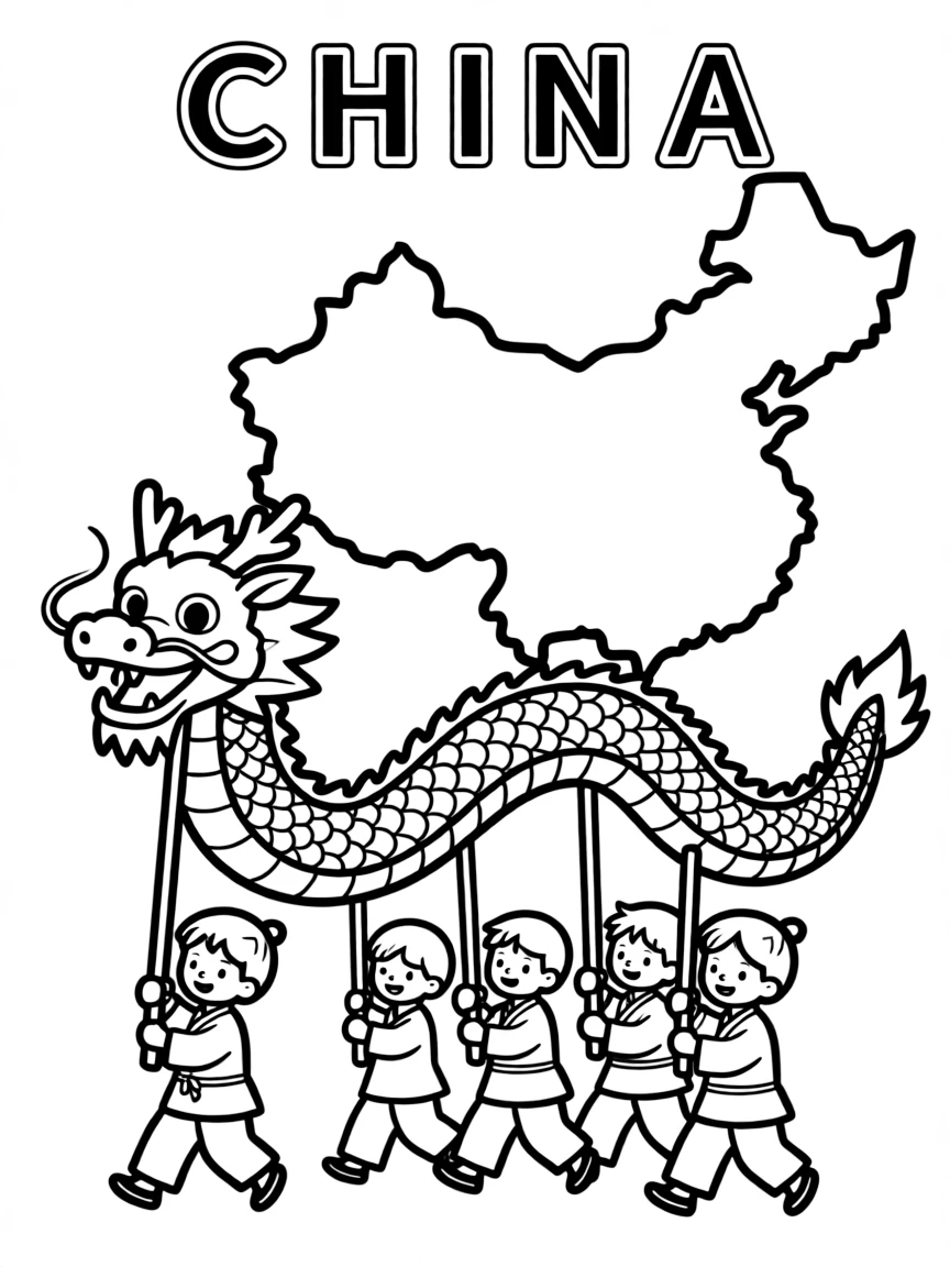 A friendly dragon dance, a simple outline map of China, and the word "China"
