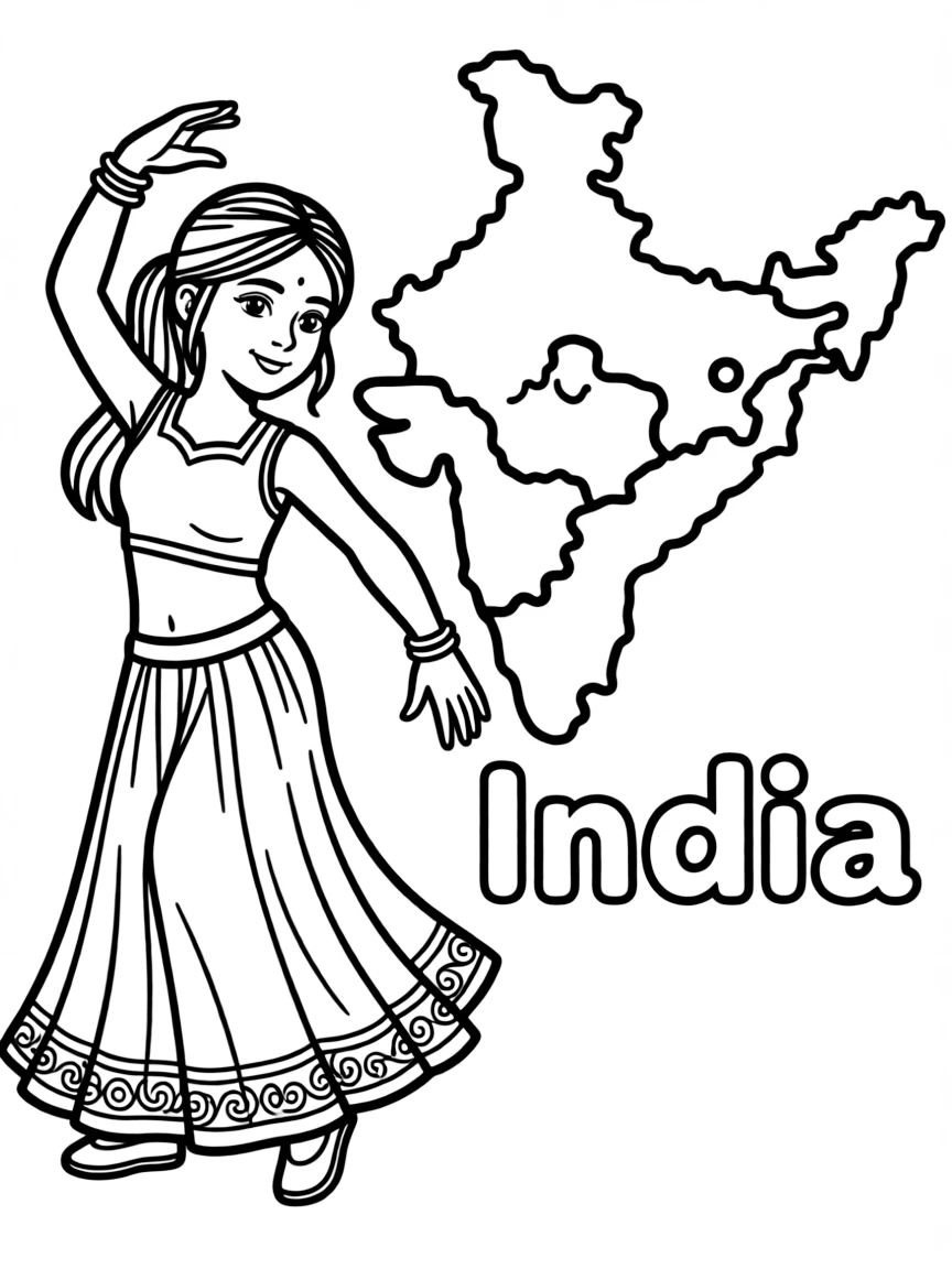 A cute Bollywood dancer, a simple outline map of India, and the word "India"