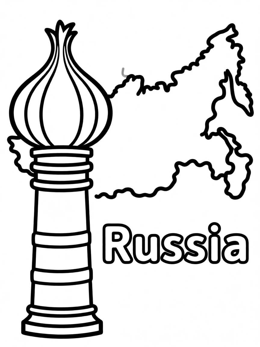 A small onion dome, a simple outline map of Russia, and the word "Russia"