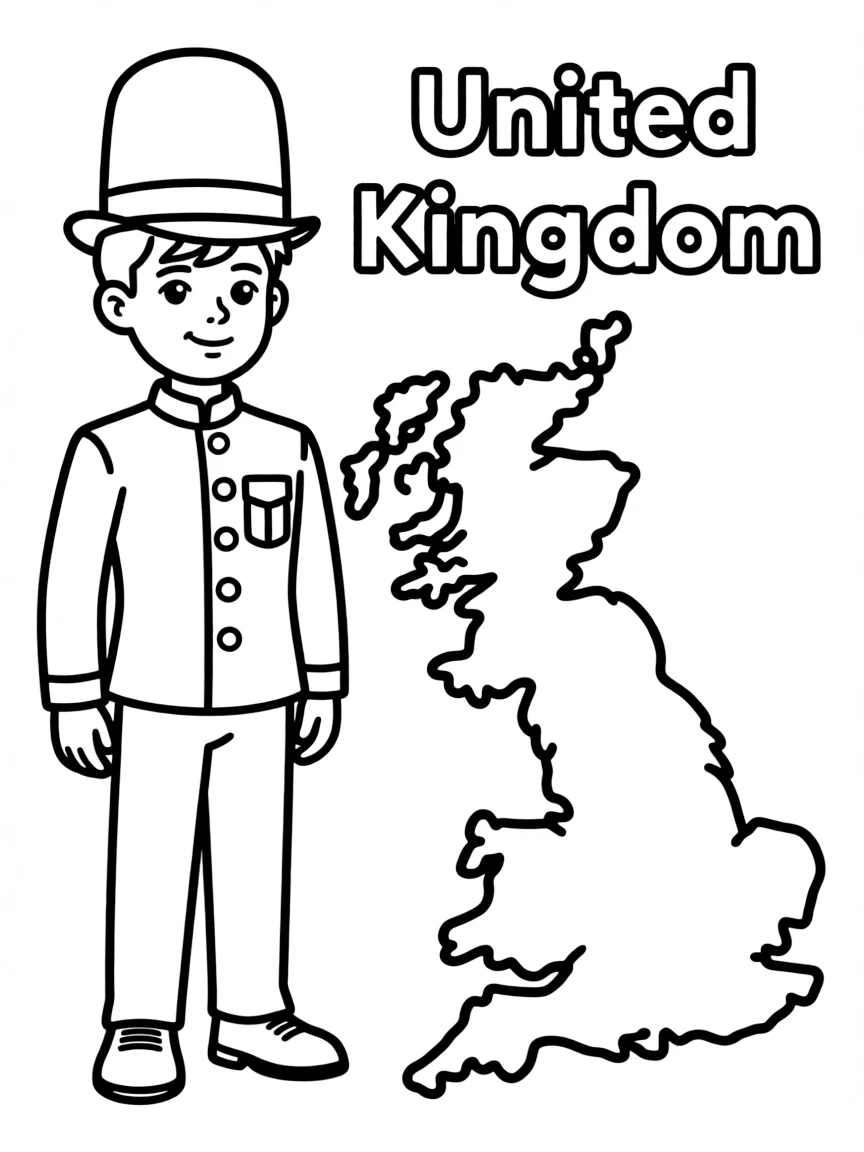 A cute guard, a simple outline map of United Kingdom, and the word "United Kingdom"
