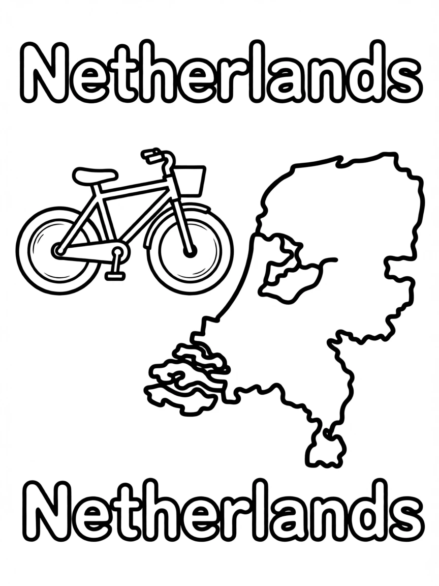 A cute bicycle, a simple outline map of Netherlands, and the word "Netherlands"