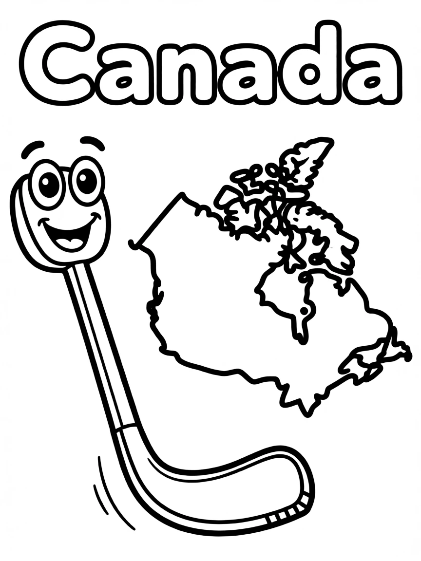 A happy hockey stick, a simple outline map of Canada, and the word "Canada"