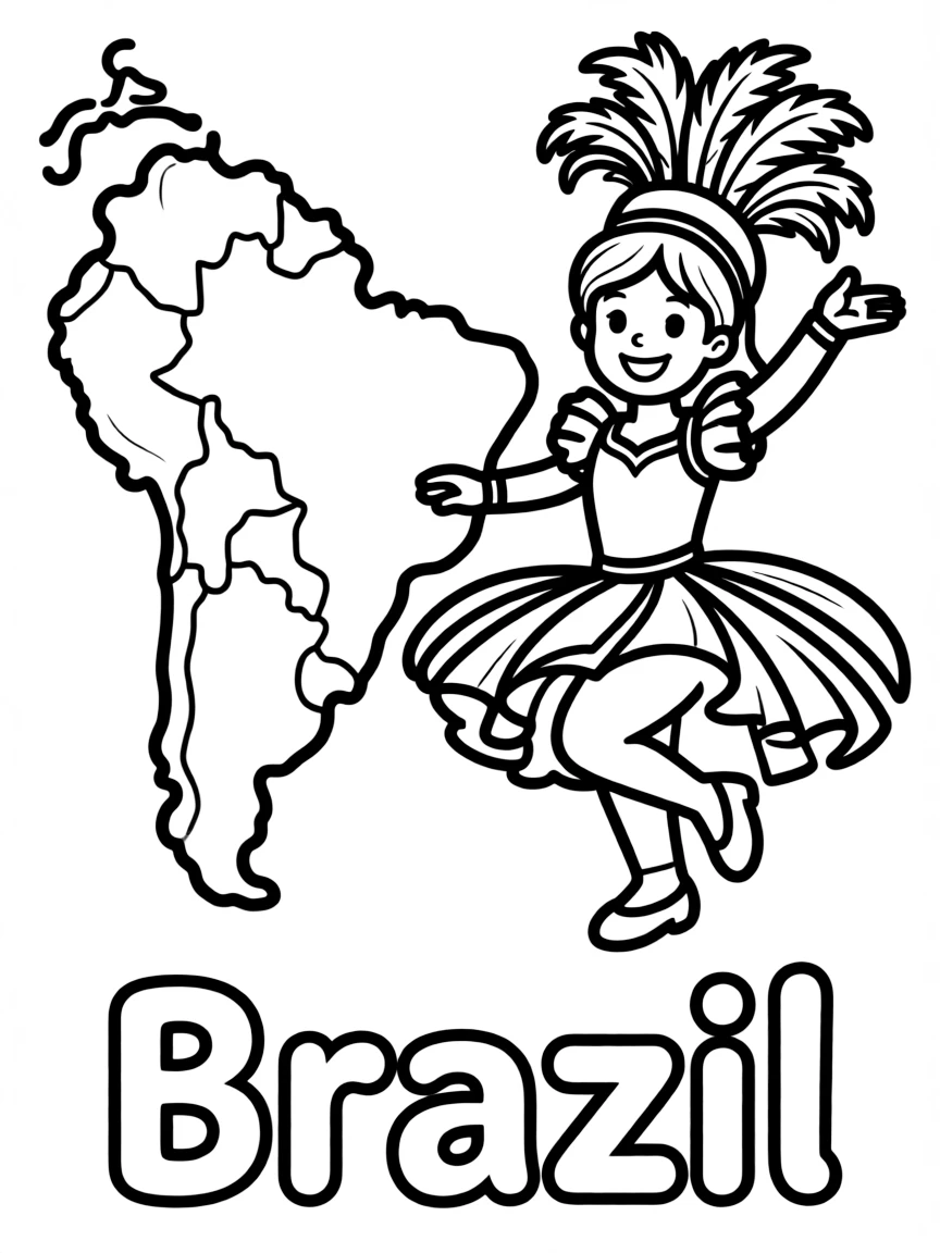 A small samba dancer, a simple outline map of Brazil, and the word "Brazil"