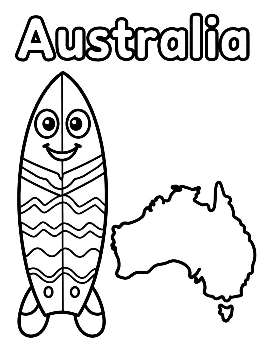A friendly surf board, a simple outline map of Australia, and the word "Australia"