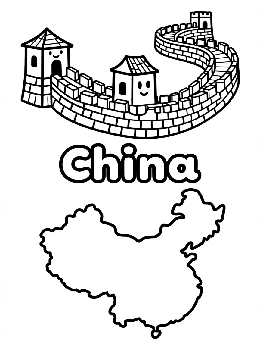 A cute Great Wall, a simple outline map of China, and the word "China"