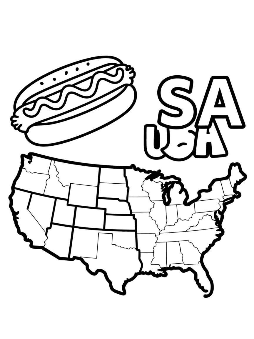 A small hot dog, a simple outline map of USA, and the word "USA"