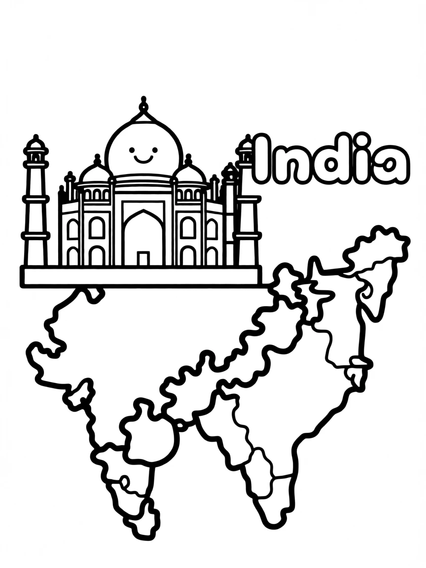 A happy Taj Mahal, a simple outline map of India, and the word "India"