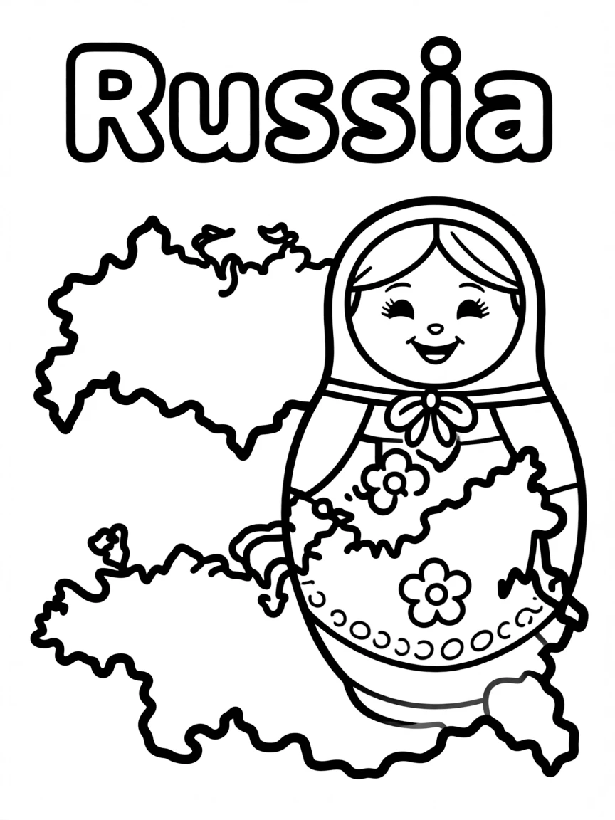 A friendly nesting doll, a simple outline map of Russia, and the word "Russia"