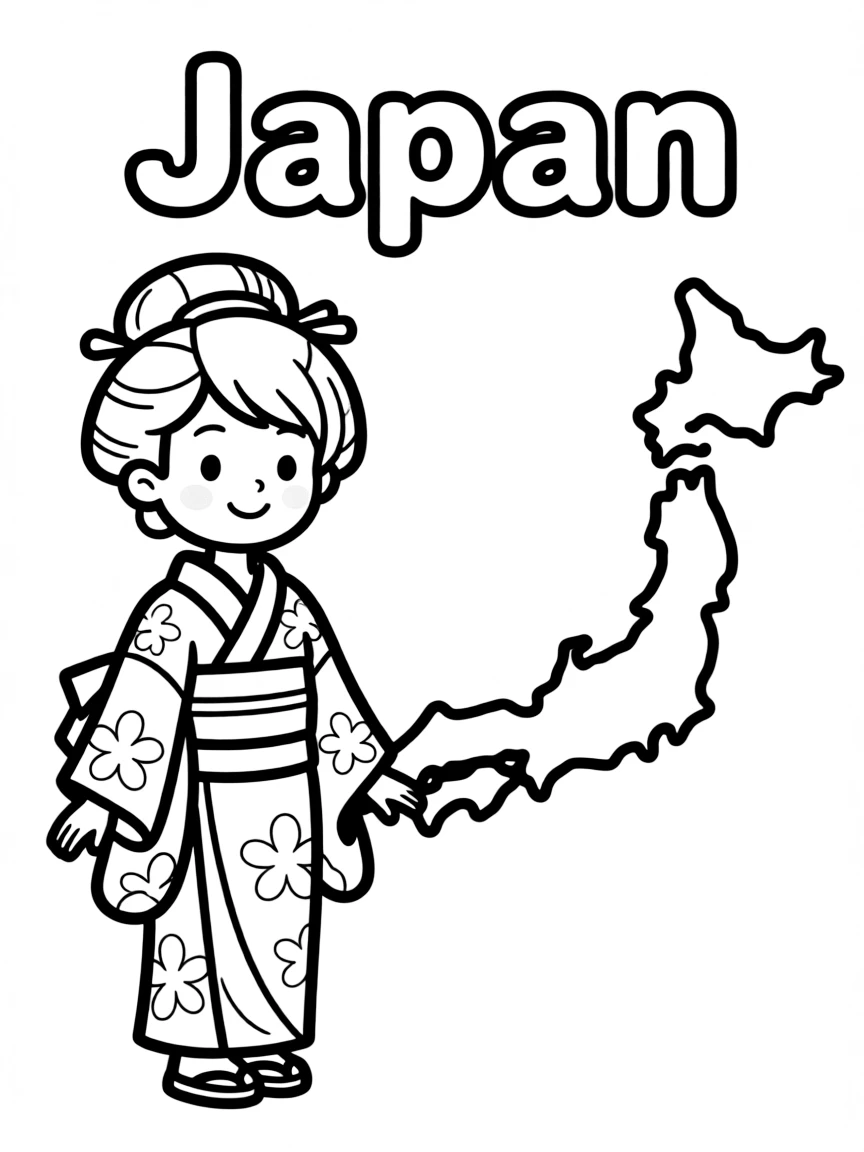 A small geisha, a simple outline map of Japan, and the word "Japan"