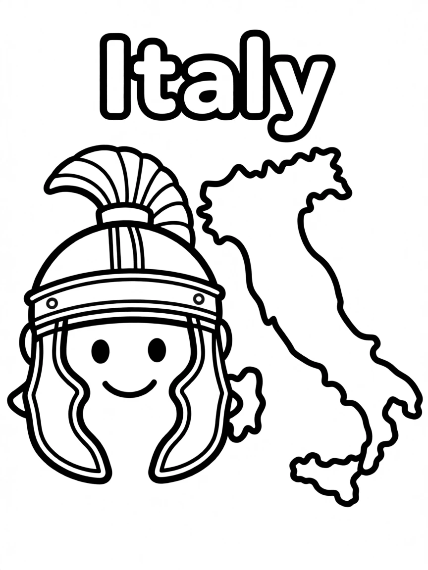 A friendly Roman helmet, a simple outline map of Italy, and the word "Italy"