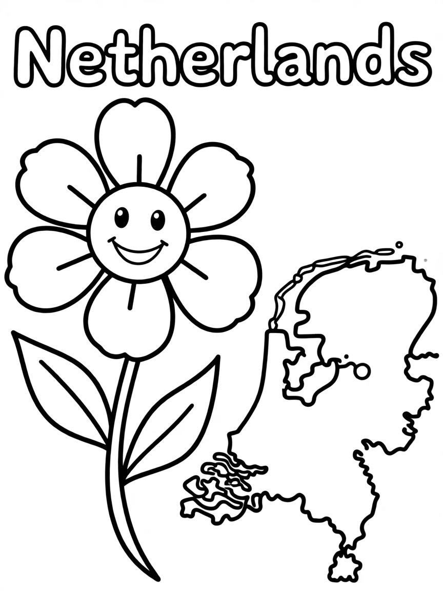 A happy flower, a simple outline map of Netherlands, and the word "Netherlands"