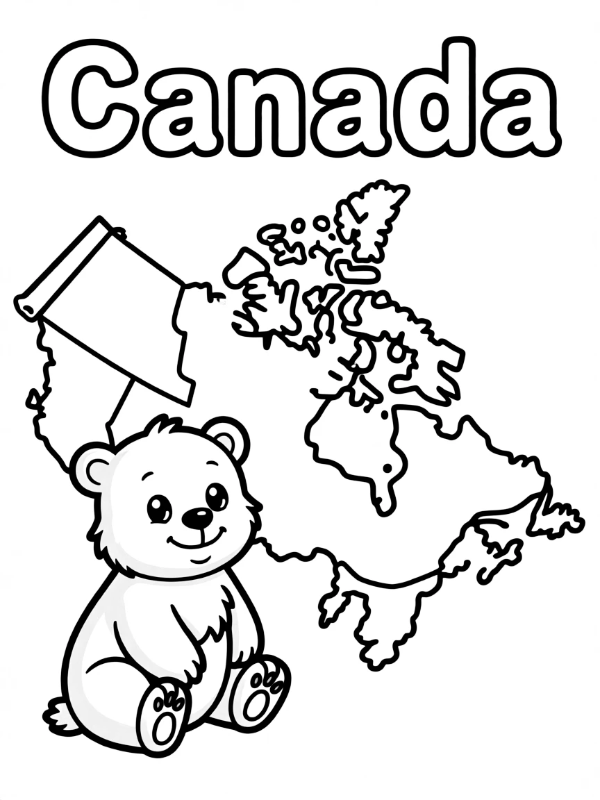 A small polar bear, a simple outline map of Canada, and the word "Canada"