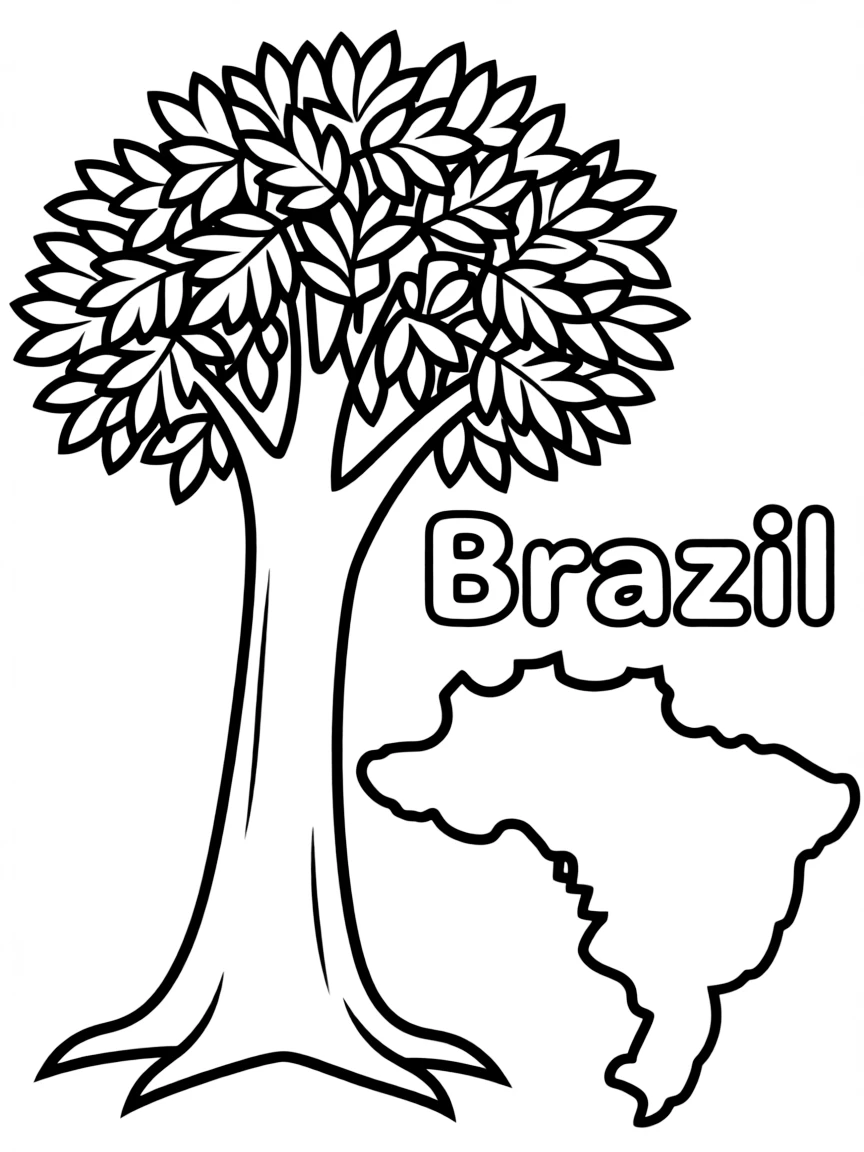 A friendly rainforest tree, a simple outline map of Brazil, and the word "Brazil"