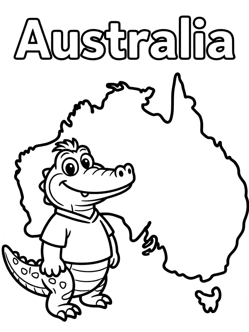 A cute crocodile, a simple outline map of Australia, and the word "Australia"