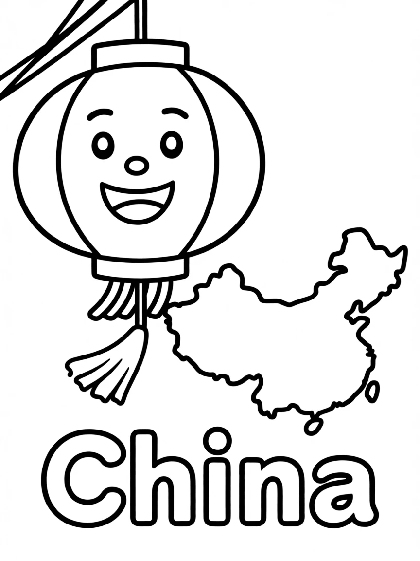 A happy lantern, a simple outline map of China, and the word "China"