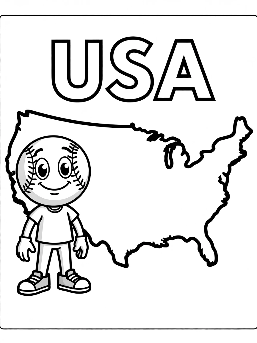 A friendly baseball, a simple outline map of USA, and the word "USA"