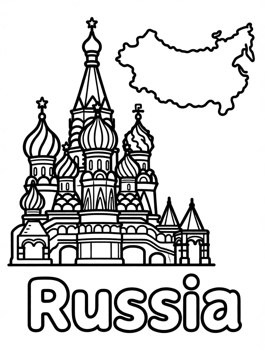 A cute Kremlin, a simple outline map of Russia, and the word "Russia"