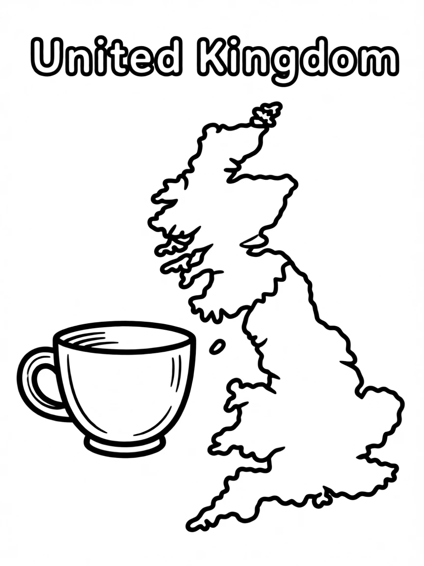 A small teacup, a simple outline map of United Kingdom, and the word "United Kingdom"