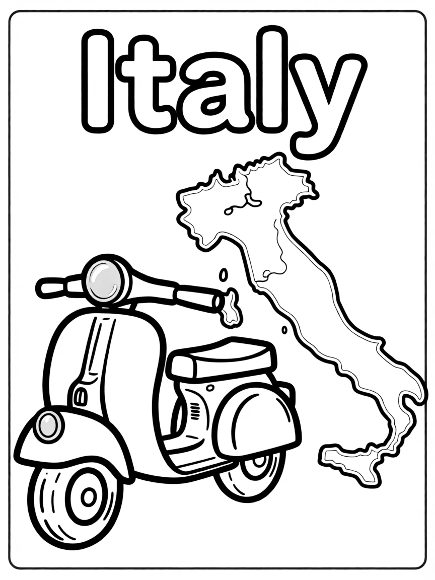 A cute Vespa, a simple outline map of Italy, and the word "Italy"