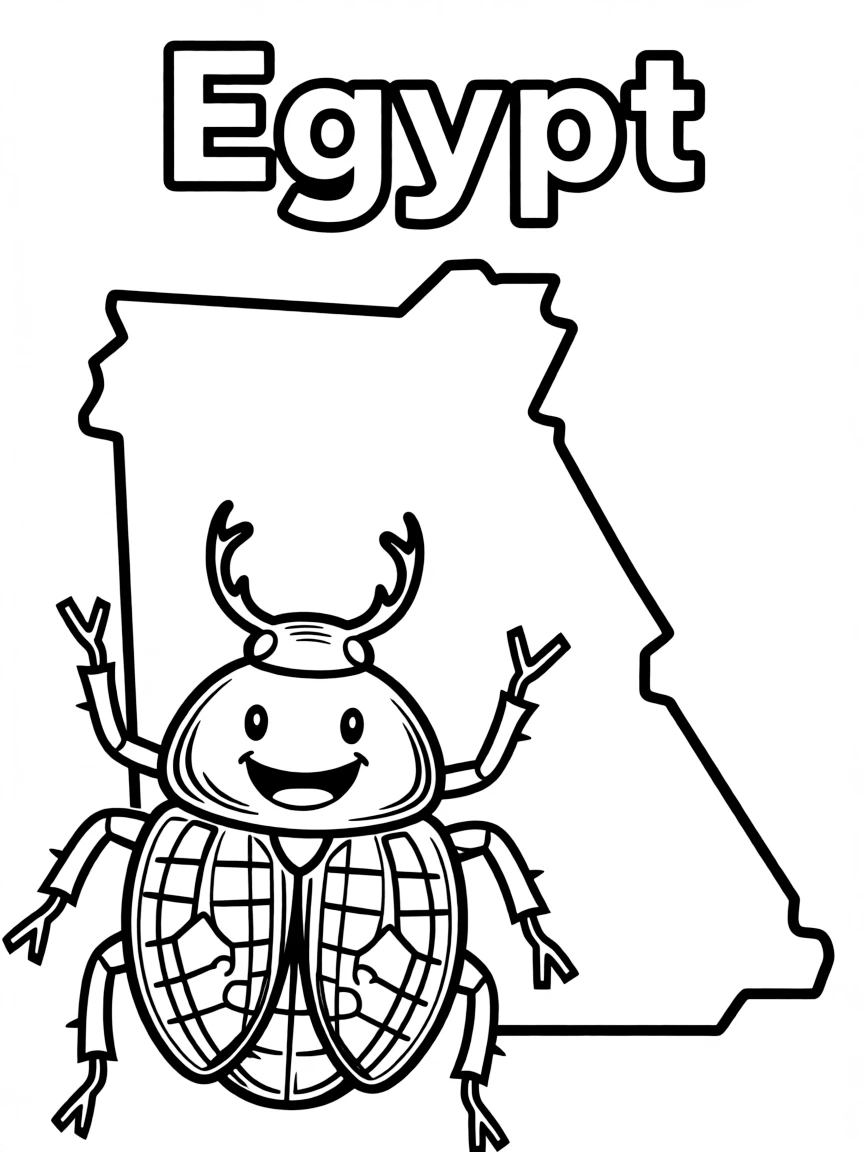 A happy scarab beetle, a simple outline map of Egypt, and the word "Egypt"
