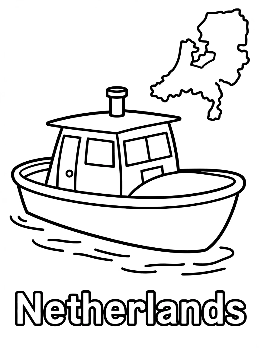 A small canal boat, a simple outline map of Netherlands, and the word "Netherlands"