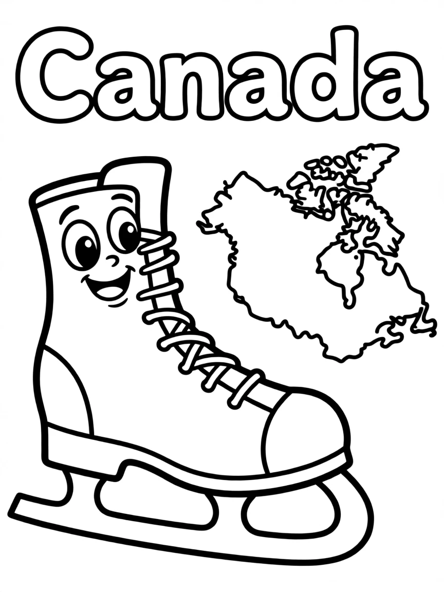 A friendly ice skate, a simple outline map of Canada, and the word "Canada"